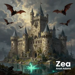 a photorealistic painting of an old stone Castle in the sky,  Zbrush, artwork by artgerm, a detailed painting by Ansel Adams, vampire bats, lake, Luminescent, Bismuth, Daz 3D, behance contest winner, fantasy art, matte painting, matte drawing, storybook illustration
