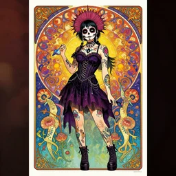 psychedelic poster art of a cute punk goth fashion fractal Día de los Muertos tattooed girl posing by Victor Moscoso Rick Griffin Alphonse Mucha Gustav Klimt Ayami Kojima Amano Charlie Bowater, masterpiece