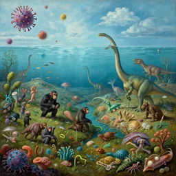 all of evolution as a striking detailed painting, landscape with sky and water and land and space and underwater, viruses, humans, bacteria, invertebrates, chimpanzee, neanderthal, dinosaurs, reptiles, fish, mammals, worms, corals, fungi, bacteria, viruses, animals, plants, flagellates, arachnids, snails, squid, birds, bivalves