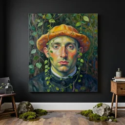 portrait an artist in her apartment, wrapped in vines, black walls, puddles, moss, stone, acrylic on canvas, by magritte and monet