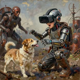 junkys kid and dog playing, with cybernetic gadgets and vr helmet, durty colours, rusty shapes, biotechnology, tim hildebrandt, wayne barlowe, bruce pennington, donato giancola, larry elmore, oil on canvas, masterpiece, trending on artstation, featured on pixiv, cinematic composition, hyper - detailed, hd, hdr, 4 k, 8 k