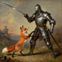 an anthropomorphic fox fighting an evil knight who is twice as tall, 1 9 th century painting