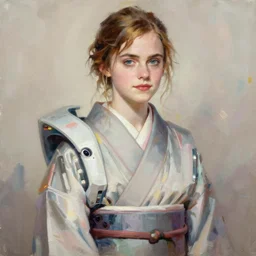liang huatao painting of a emma watson wearing a futuristic kimono, half body portrait, sharp details, soft brushstrokes, subsurface scattering, warm lighting