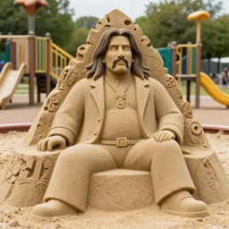 high quality photograph of a masterfully crafted sand sculpture of a lemmy kilmister at the playground's sandbox