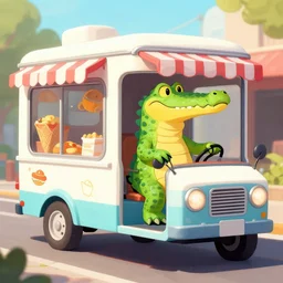 crocodile man driving an ice cream cart, fantasy, digital art