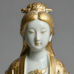 portrait photograph of an incredibly realistic porcelain woman with symmetrical gold patterns. Macro details. 8k.
