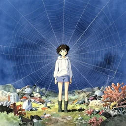 incredible anime movie scene, mamoru oshii, otomo, ultra wide, vanishing point, hoody woman explorer, watercolor, empty, spiderwebs, trash, coral reef, daffodils, billboards, harsh bloom lighting, rim light, abandoned city, paper texture, deserted shinjuku junk town, wires, telephone pole, pipes, yellow, red