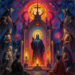 the church of chaos magick honours aleister crowley, hyperrealism, symbolism, impasto, symmetry, do what thou wilt, subject centered in frame, rule of thirds, stunning neon lighting, demonic summoning, very detailed surreal impressionist painting by jan van eyck and beksinski and greg rutkowski and kim jung gi