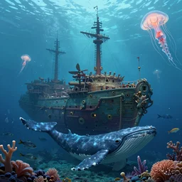a highly detailed concept art 8 k render of undersea world, james paick, greg rutkowski, sunken ship, fish, whale, coral, jellyfish, cinematic lighting, artstation, peter mohrbacher, game asset, unreal engine, illustration, digital painting, sharp focus,, mythological, ultra realistic