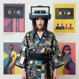 portrait of a lowpoly punk goth fashion fractal girl with a musicassette head wearing kimono made of transistors, poster art by kurt schwitters james jean liam brazier victo ngai tristan eaton