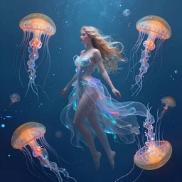 jellyfish swimming around beautiful woman, elegant, highly detailed, smooth, sharp focus, trippy, dmt, psychedelic, illustration, beautiful, geometric, trending on artstation, cinematic, artwork by WLOP