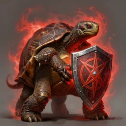 magic : the gathering fantasy character concept art by franz frazetta, high resolution. a clear portrait of an evil - looking, anthropomorphic tortoise wearing no clothing just in his shell, holding a buckler shield with a pentagram on it, radiating a red arcane energy aura, gritty coloring, intricate, digital painting, artstation, smooth, sharp focus