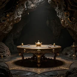a small dark cave room with a singular ornate war table, exquisite, volumetric lighting, 8 k octane beautifully detailed render, post - processing, extremely hyper - detailed, intricate, epic composition, cinematic lighting, masterpiece, trending on artstation, stunning art by caravaggio, by simonetti, beautiful cinematic light