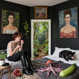 queer artist's bedroom with black walls and paintings, emo artist eating blackberries, plants, a liminal doorway to nature, zen, high black boots, pomegranate, a black pig, courgette, octopus, sensual surrealism, by monet and and kahlo and magritte