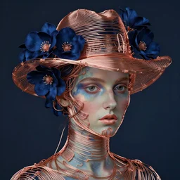a beautiful portrait with a hat made by rosegold wire designed by balenciaga and inspired by egon schiele style,some wires and flowers around the head,navy blue flowers and wires made by rose gold,cinematic lighting,cinematic composition,highly detailed,inspired by baroque jewelry ,hyper realistic,