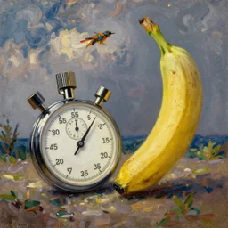 oil painting impressionist stopwatch and banana flying through the air, flies, whimsical, detailed,