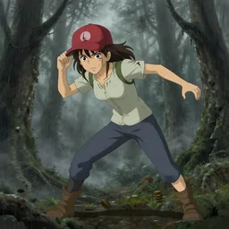 clementine with baseball hat from the walking dead, blood, creepy forest, foggy, raining dynamic pose, grey cloudy weather, in illustration concept art lotr anime key visual fine detail features gapmoe kuudere trending pixiv by victo ngai fanbox by greg rutkowski makoto shinkai takashi takeuchi studio ghibli