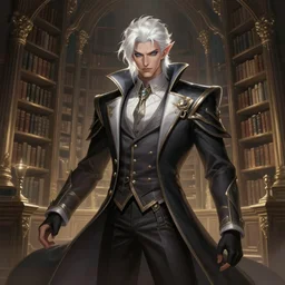 a highly detailed illustration of attractive white haired demon guy wearing librarian outfit, dramatic pose, infinite library background, art by artgerm and greg rutowski, intricate, elegant, highly detailed, centered, digital painting, artstation, concept art, smooth, sharp focus, league of legends concept art, wlop.