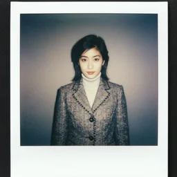 1970s polaroid of a japanese woman wearing a tweed suit and turtleneck