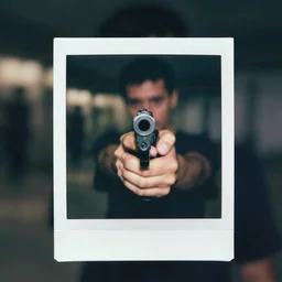 An atmospheric close up photo of A man sticking a gun in the camera, bokeh, Polaroid, masterpiece