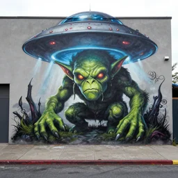 a graffiti mural depicting a gremlin ufo orc zardoz lovecraft stranger things lord of the rings beast monster frightening