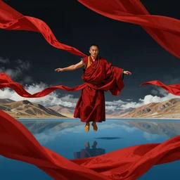 a tibetan monk flying over himalaya mountains lake in weightlessness in traditional red cloth. a lot of flying red fabric around, sky and cloth fabric reflected in blue lake water. dark background. illustration by craig mullins, yoji shinkawa, trending on artstation, peter mohrbacher, hyper detailed, intricate, elite, ornate,