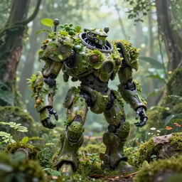 a peaceful battle mech that has become overgrown by plants and cordyceps hiking out in nature, painting, haunting, beautiful, realism
