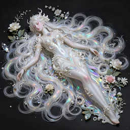 reclining pose, fullbody, baroque flourish designs, androgynous fairy, long hair, pearly and iridescent and translucent, pastel rainbow refraction and reflection, surrounded by flowers and leaves, crystals, by artgerm, by sakimichan, by nixeu, by ruan jia, by conrad roset,