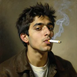 a beautiful cinematic masterpiece classical headshot portrait of a tripping suburban indian stoner boy smoking a joint, by greg rutkowski, by pieter de hooch, by jean - honore fragonard, oil on canvas, brilliant lighting, smoke, detailed, no frames, 8 k