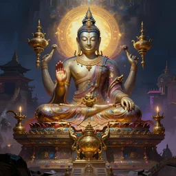 the ancient mythical buddhist kingdom of shambhala, in the style of frank frazetta and andrea pozzo, ultra realistic, atmosphere glow, detailed intricate, colorful, cinematic lighting, unreal engine, god lighting