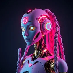 a robot with long neon braids, body made from porcelain and brass, neon colors, 1 9 5 0 sci - fi, studio lighting, calm, ambient occlusion, octane render