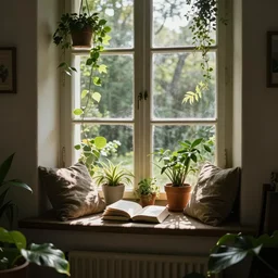 a photo of a cozy reading nook by the window, full of plants