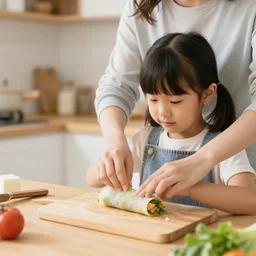 small girl making spring rolls in the kitchen and mom is helping