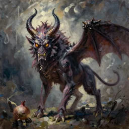 onion demon by Yoshitaka Amano, oil painting on canvas, style of Jakub Rozalski