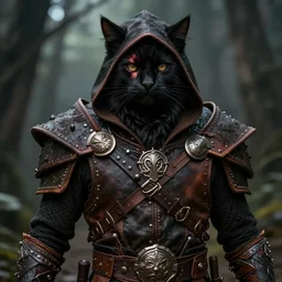 humanoid male khajiit rogue with a scar on left eye, wearing leather armor with a hood, mainecoon cat features with jet black fur, far - mid shot, magic the gathering, fantasy