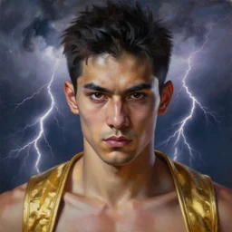 raijin with golden harm band. strong storm with lightnings in the background. realistic, highly detailed, oil painting in a modern style, very detailed and symmetrical face, painted by greg rutkowski, sachin teng, thomas kindkade, tony sandoval