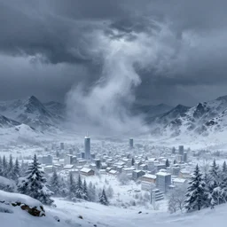 winter storm city in the icy mountains covered by snow, desolate, gloomy, intricate, highly detailed, digital painting, artstation, concept art, smooth, sharp focus, illustration, art by artgerm and greg rutkowski