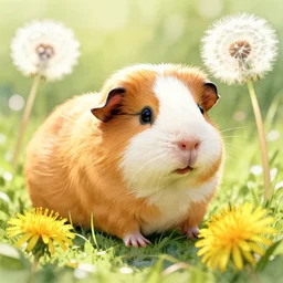 guinea pig and dandelions. watercolor by award - winning mangaka, backlighting, relaxed mood, depth of field, macro photography.