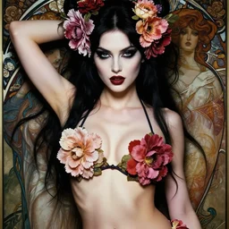 closeup portrait of a sexy goth girl, wearing a flower bikini, beautiful siren succubus, intricate, beautiful flowers, hyperrealism, intense, dmt, artgerm, moebius, glamour pose, arney freytag, greg rutkowski, maxfield parrish, dan mumford, moebius, alphonse mucha