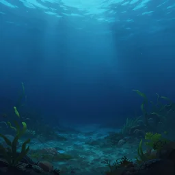 Alien world underwater on the ocean bed, deep blue water color, cinematic perspective, slight green plant life around, matte painting, Artstation