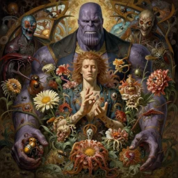 the platonic ideal of flowers, rotting, insects and praying of cletus kasady ultimate carnage thanos dementor doctor manhattan chtulu nazgul bioshock, vitarka mudra, detailed, intricate, hyperrealism, intense, scary, decay, dmt, art by brock hofer and artgerm and greg rutkowski and alphonse mucha