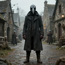 A man draped in a ankle-length overcoat with leather gloves and boots wearing a bird-like beak mask in a medieval village by Greg Rutkowski, Bloodborne, 4k photorealistic, volumetric lighting, HD, subtle details, dramatic, trending on artstation