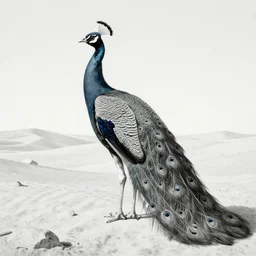 peacock in the desert, highly detailed, black and white lithograph, by william hogarth