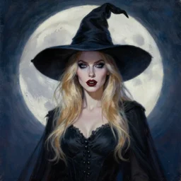portrait of beautiful blonde woman as a Dark evil witch, big moon in the background, oil painting by Unsplash