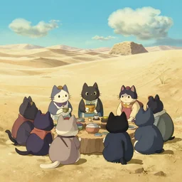 cell shaded key visual of a group of cat merchants in the desert selling items, in the style of studio ghibli, moebius, makoto shinkai,