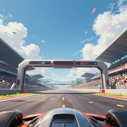 cinematic low angle wide angle shot worms eye view of a realistic futuristic vehicle racetrack finish line with confetti on a sunny day with a clear blue cloudy sky angled toward sky, digital art, digital painting, illustration, cyberpunk, digital painting, good value control, crowded stands, rule of thirds, golden ratio, horizon line focus, sharp focus, fourze, realistic textures, f zero, speed racer movie, 8 k