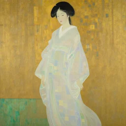 painting of a tribal woman in flowing translucent kimono by james jean, yukio - e, klimt