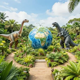 wide angle view, far shot, botanical garden at the center of the earth by jules verne, dinosaurs and godzilla, in the style of where's wally, extremely detailed