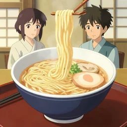 illustration of ramen noodles bowl in traditional japan style, by makoto shinkai and takashi takeuchi