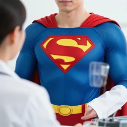 a closeup photorealistic photograph of superman style doctor meeting with a patient. bright scene. fine detail. this 4 k hd image is trending on artstation, featured on behance, well - rendered, extra crisp, features intricate detail, epic composition and the style of unreal engine.